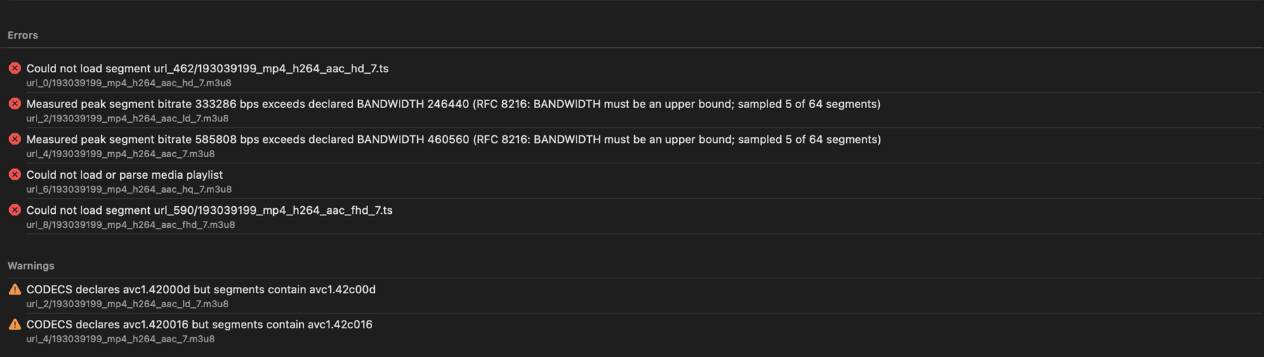 Findings list grouped into errors and warnings, including two measured peak segment bitrates that exceed the declared BANDWIDTH and two CODECS strings that do not match the segments.